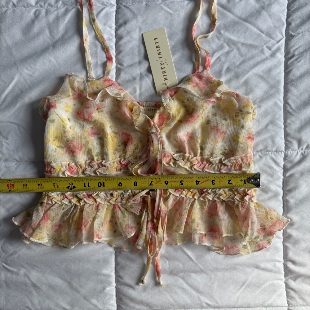 Coquette Floral Tie Front Ruffle Crop Top NWT Pink Yellow Small - Picture 4 of 9